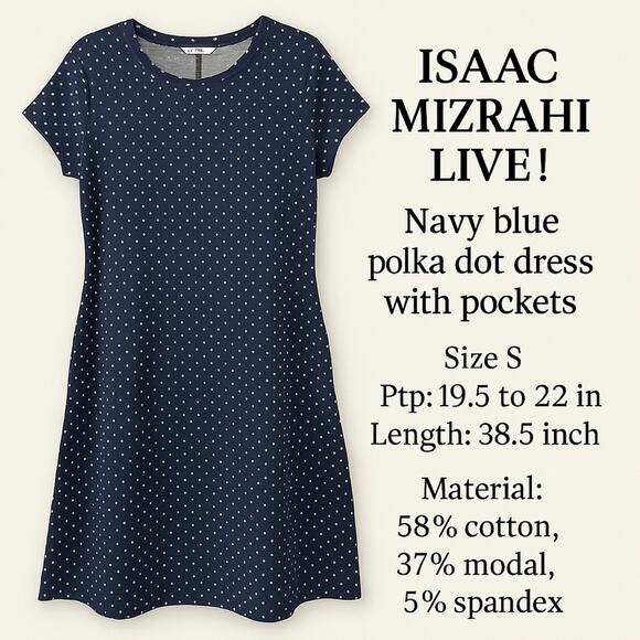 Isaac Mizrahi Live! Navy Blue Polka Dot Dress with Pockets – Size S - Picture 1 of 9